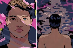 Illustrated images of the author with one brown eye and one blue eye and an image of him peering out into the water