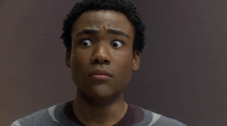 Donald Glover wide-eyed with fear