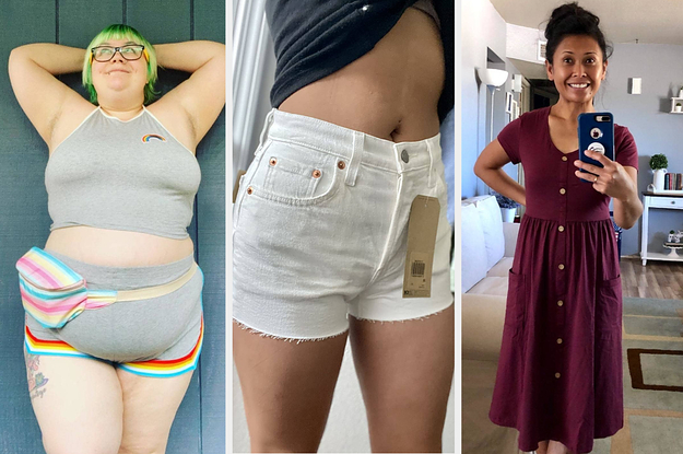 three panels showing a reviewer wearing a matching halter top and shorts set with rainbow trim, a reviewer wearing white denim shorts, and a reviewer wearing a burgundy skater dress with front button closures