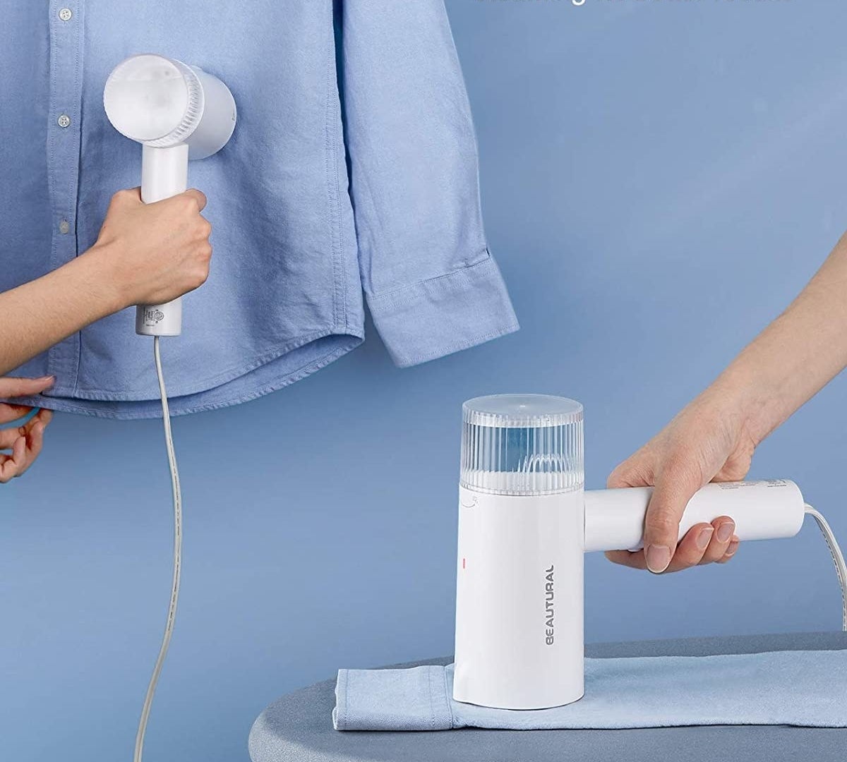 Two people using the steamer both vertically and horizontally