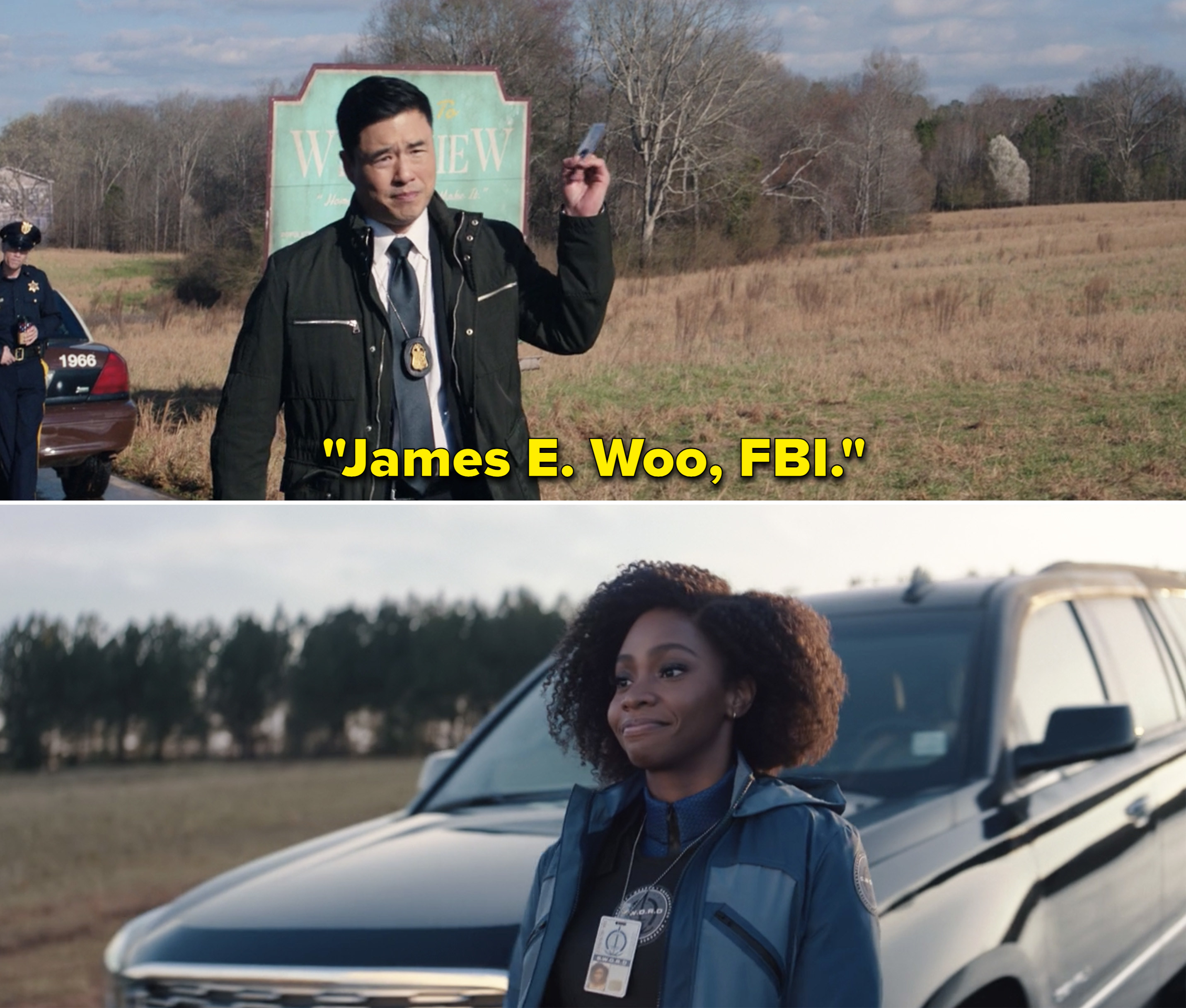Jimmy saying to Monica, &quot;James E. Woo, FBI&quot;