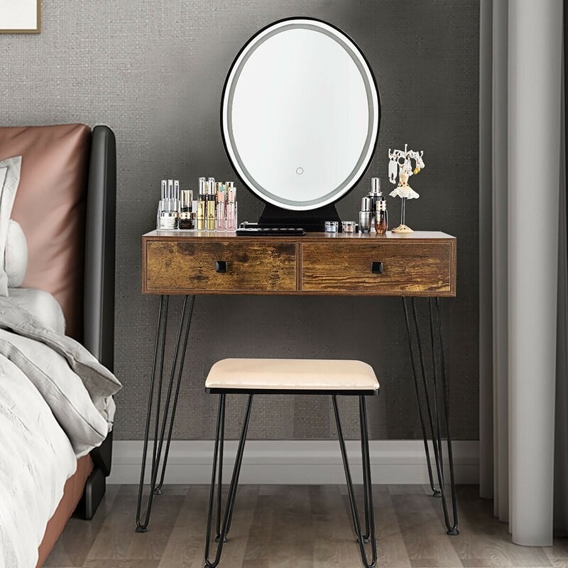 the tan vanity set with oval mirror and stool