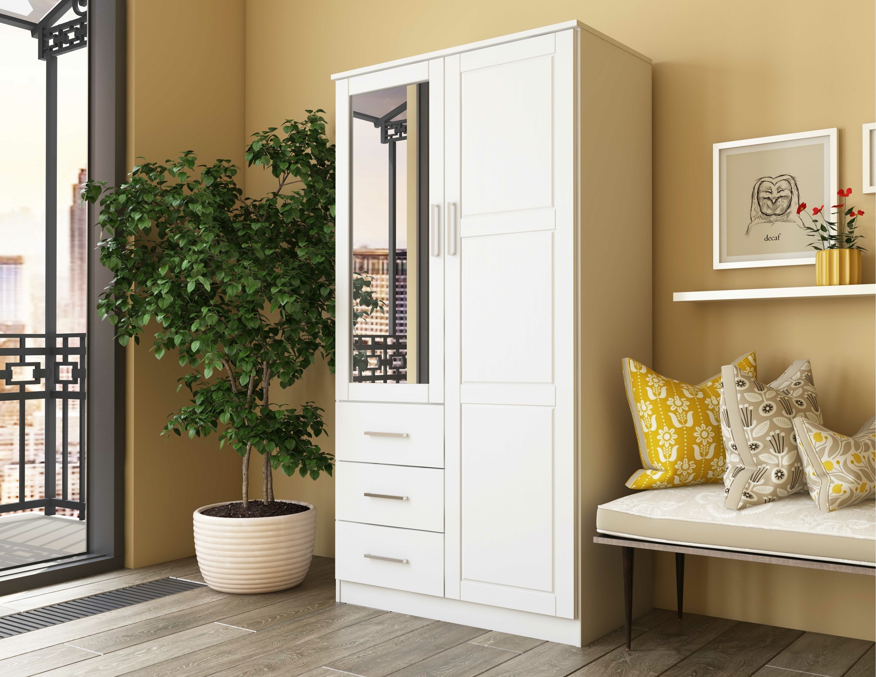 the white armoire next to a plant and a bench with pillows