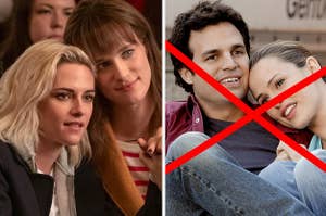 Abby and Harper from Happiest Season and Jenna and Matt from 13 Going on 30 crossed out