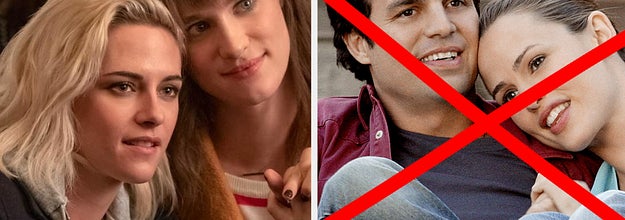 Abby and Harper from Happiest Season and Jenna and Matt from 13 Going on 30 crossed out