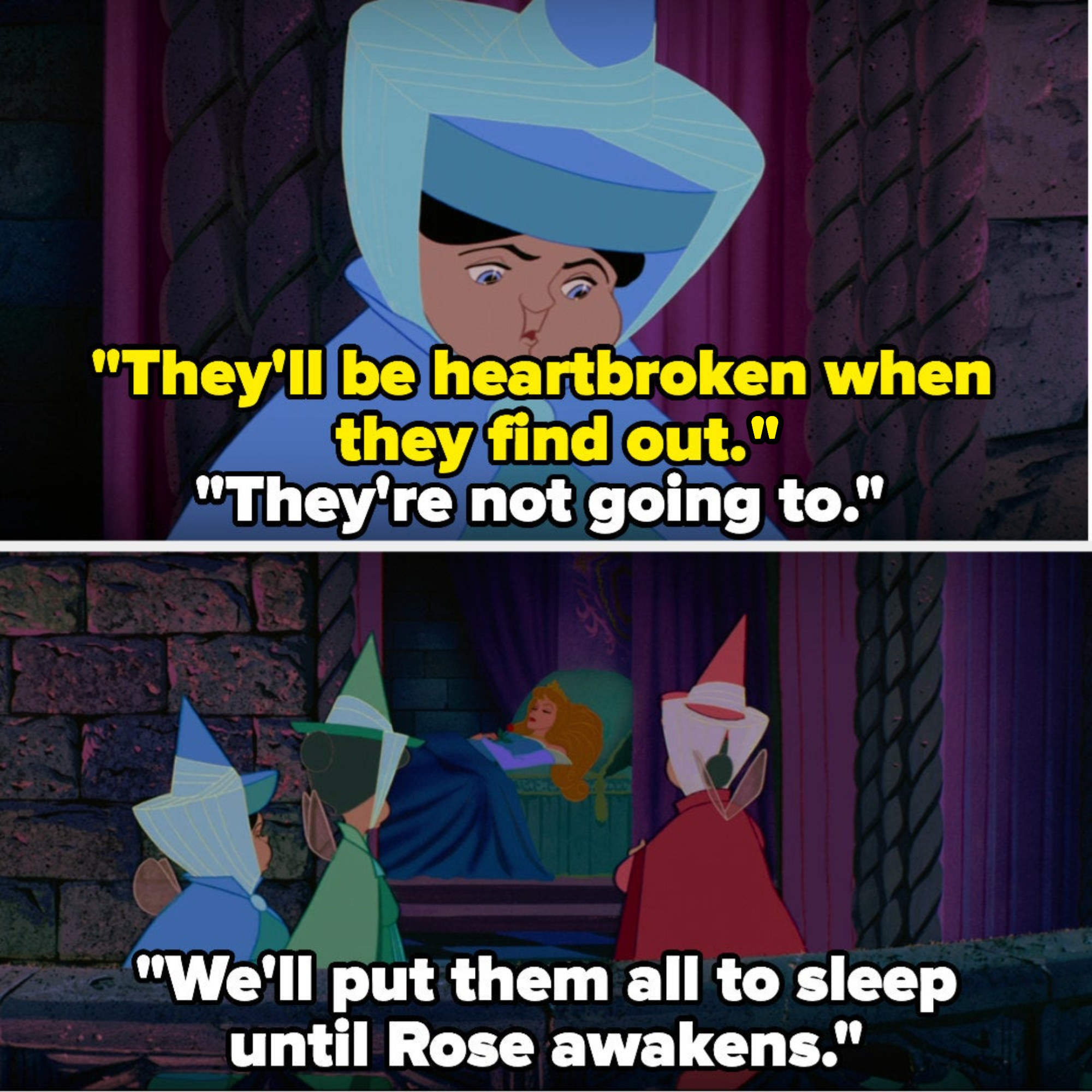 The fairies decide to put everyone to sleep until Aurora awakens