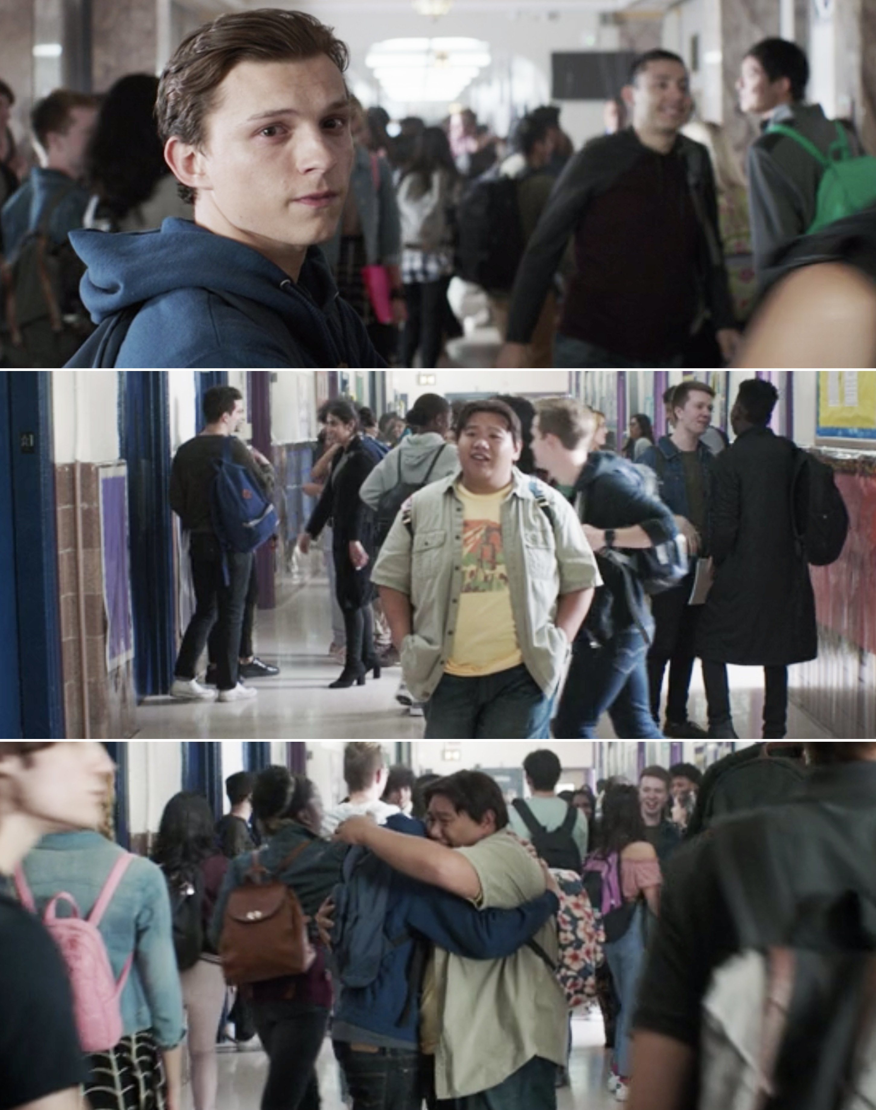 Peter and Ned hugging in the school hallway