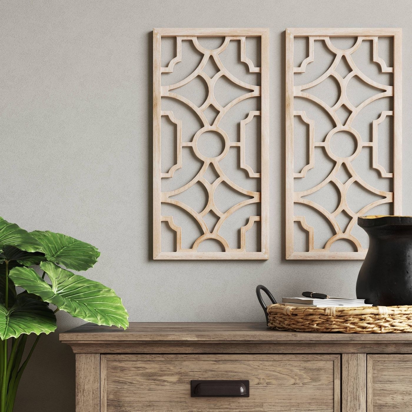 A lattice wood piece on a wall