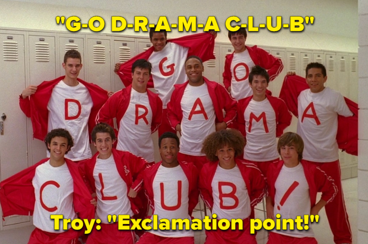 the basketball team spells out GO DRAMA CLUB, with Troy adding &quot;Exclamation point!&quot; 