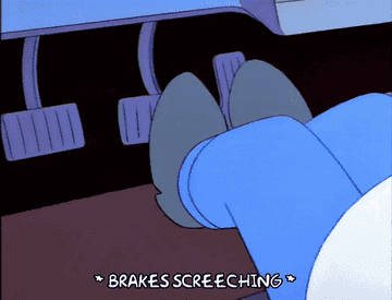 Homer and Snake from the Simpsons in a car with &quot;brakes screeching&quot;