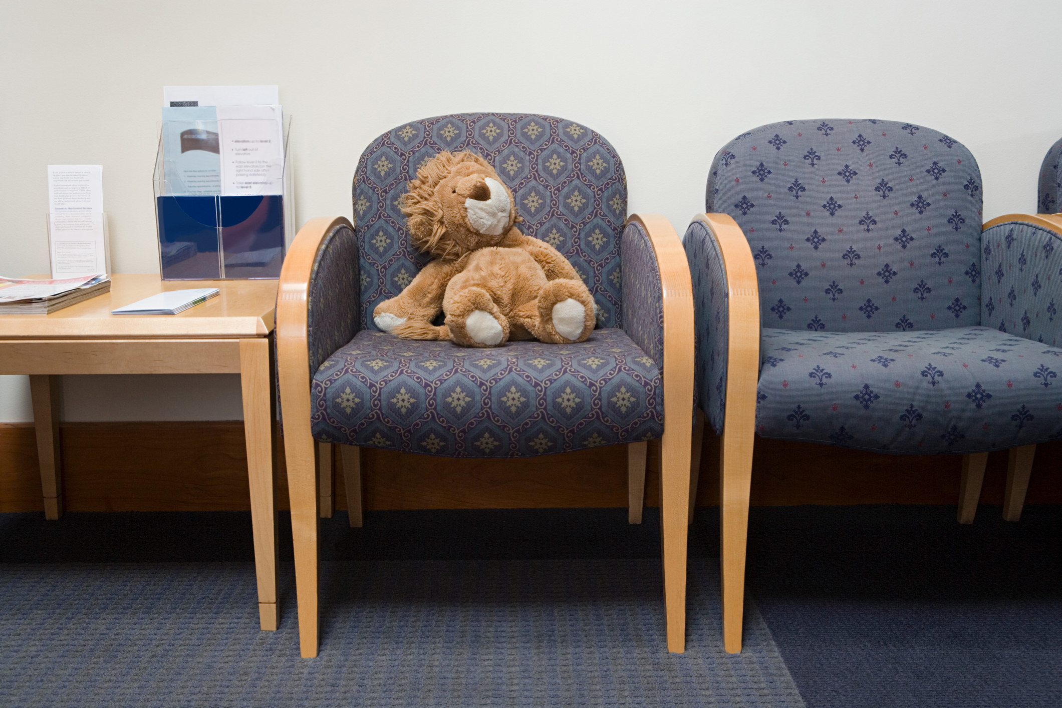 A stuffed animal lion sitting in a doctor&#x27;s office waiting room.