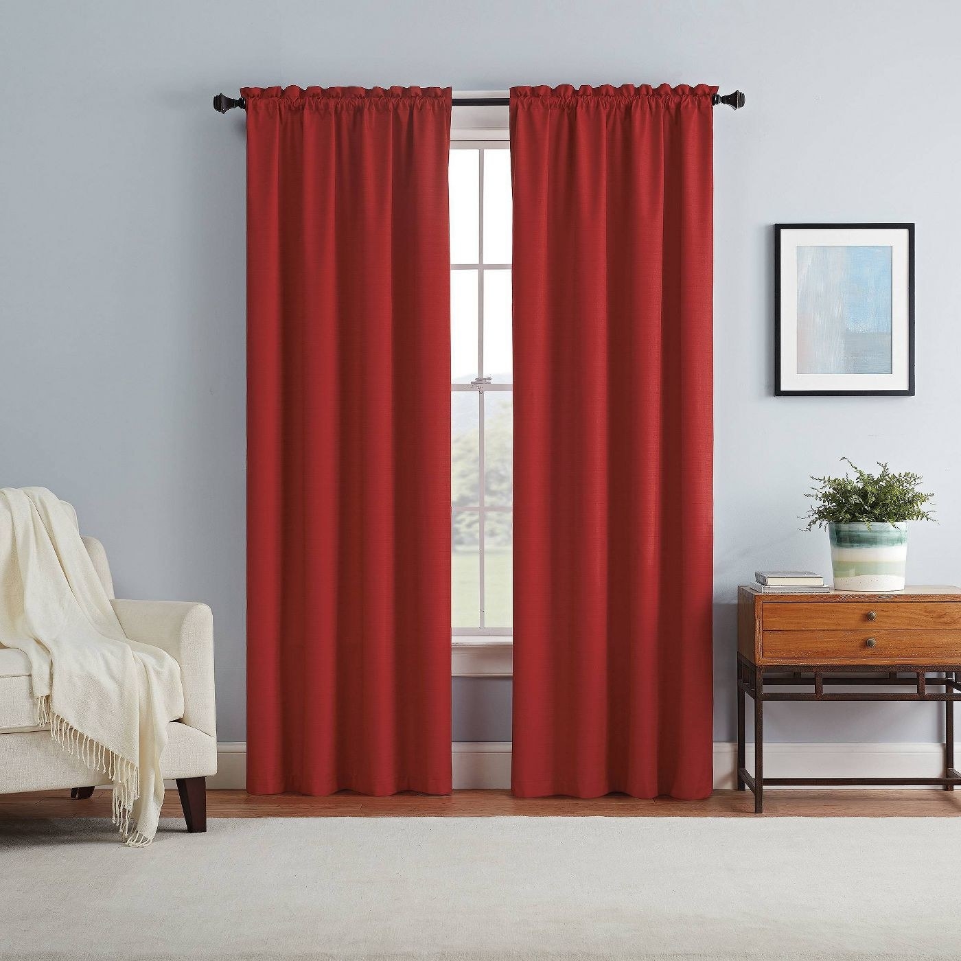Red blackout curtains in a home