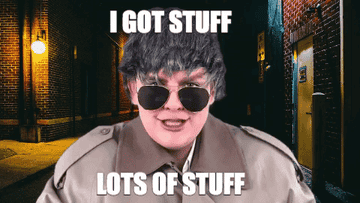 Person in a trench coat saying I got stuff, lots of stuff