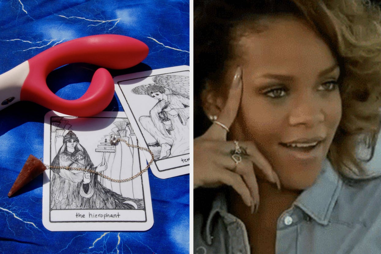 a side-by-side image of a vibrator on top of a tarot card and Rihanna reaction meme