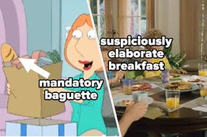 A grocery bag with its mandatory baguette and a suspiciously elaborate breakfast