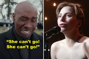 Side-by-side of Lance crying at Mia's funeral in "The Best Man Holiday," plus Lady Gaga singing the final ballad in "A Star is Born"
