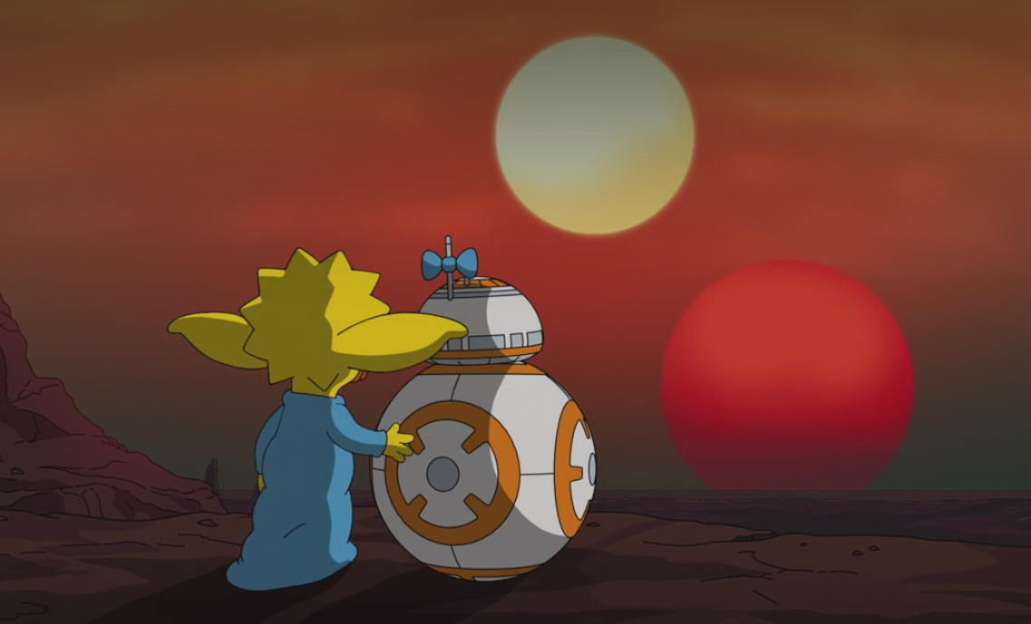 Maggie with Yoda ears standing next to BB-8 looking at a double sunset