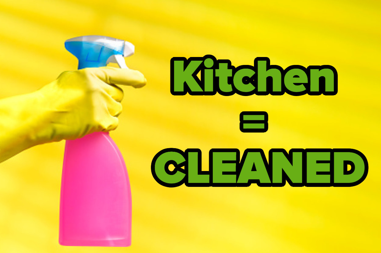 A hand in a cleaning glove clutches a cleaning product bottle. Text on the image says, &quot;kitchen = cleaned&quot;.