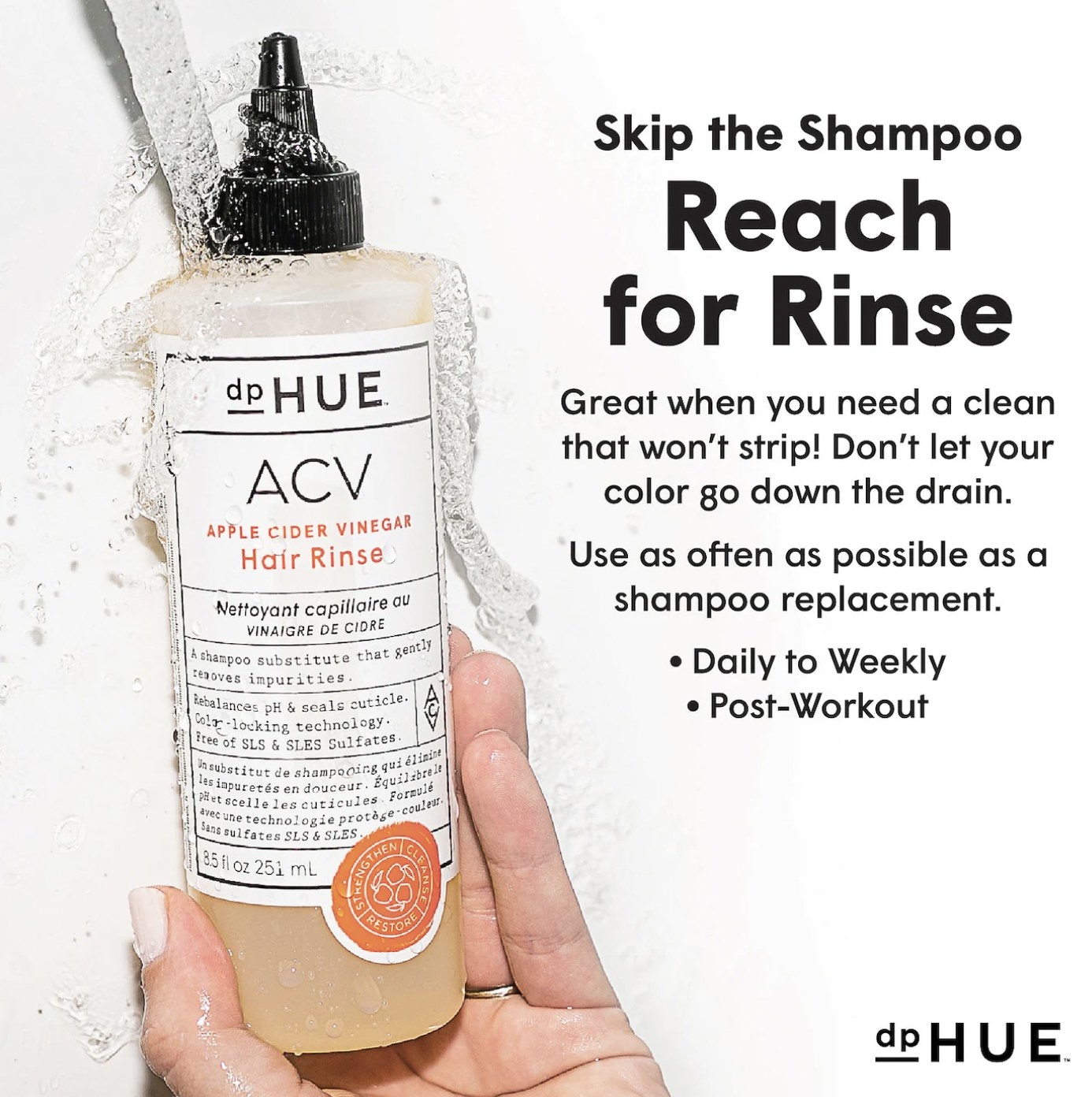 A bottle of the hair rinse with text next to it that reads "skip the shampoo, reach for rinse"