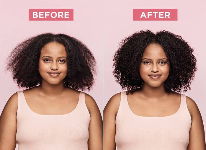 a before and after photoset. In the before photo, the model has frizzy hair. in the after photo, the model has shiny hair with tight curls