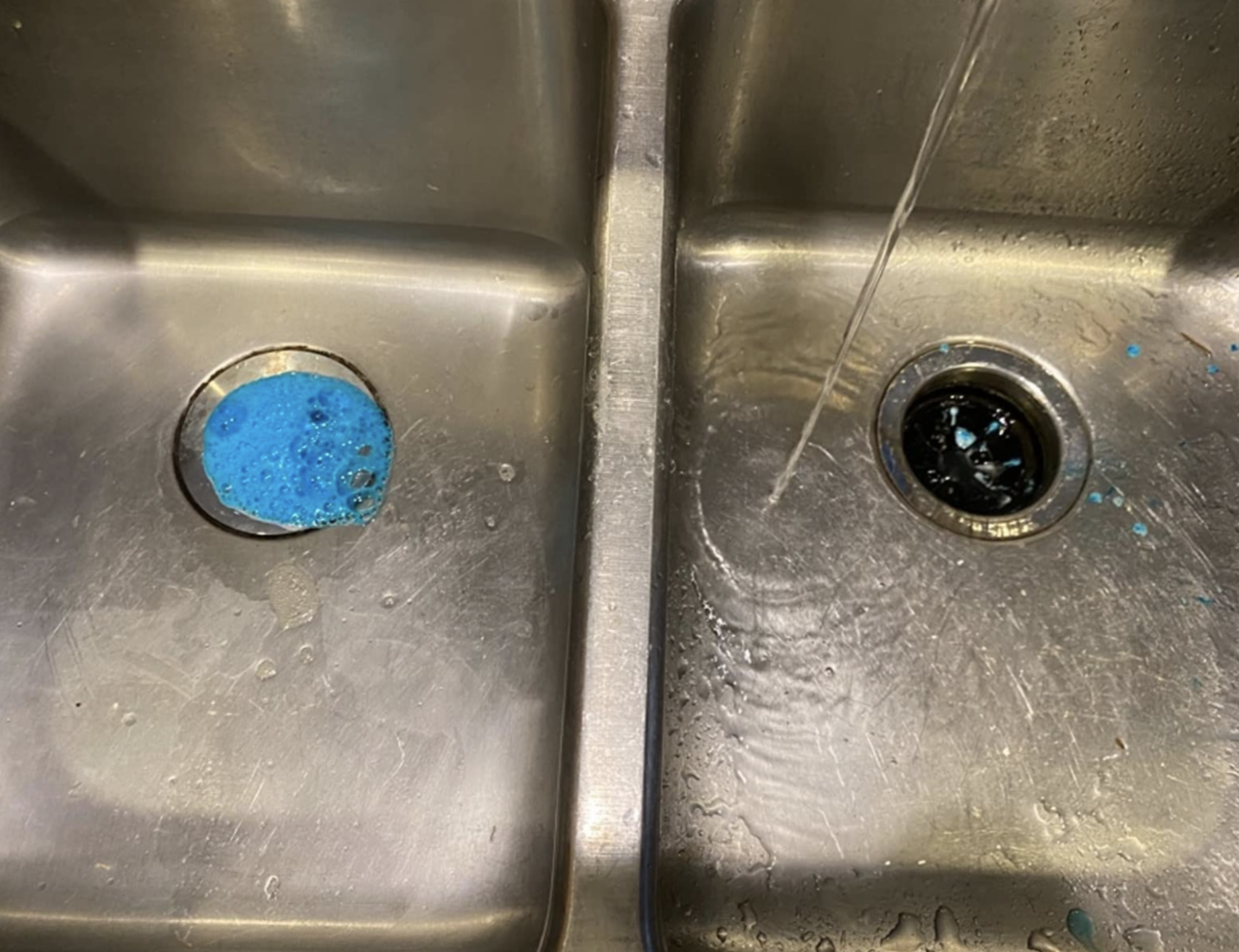 reviewer photo of foaming cleaner in garbage disposal on the left and cleaned garbage disposal on the right