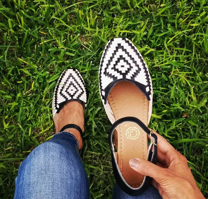 the ankle-strap woven shoes with black and white diamond pattern on the top