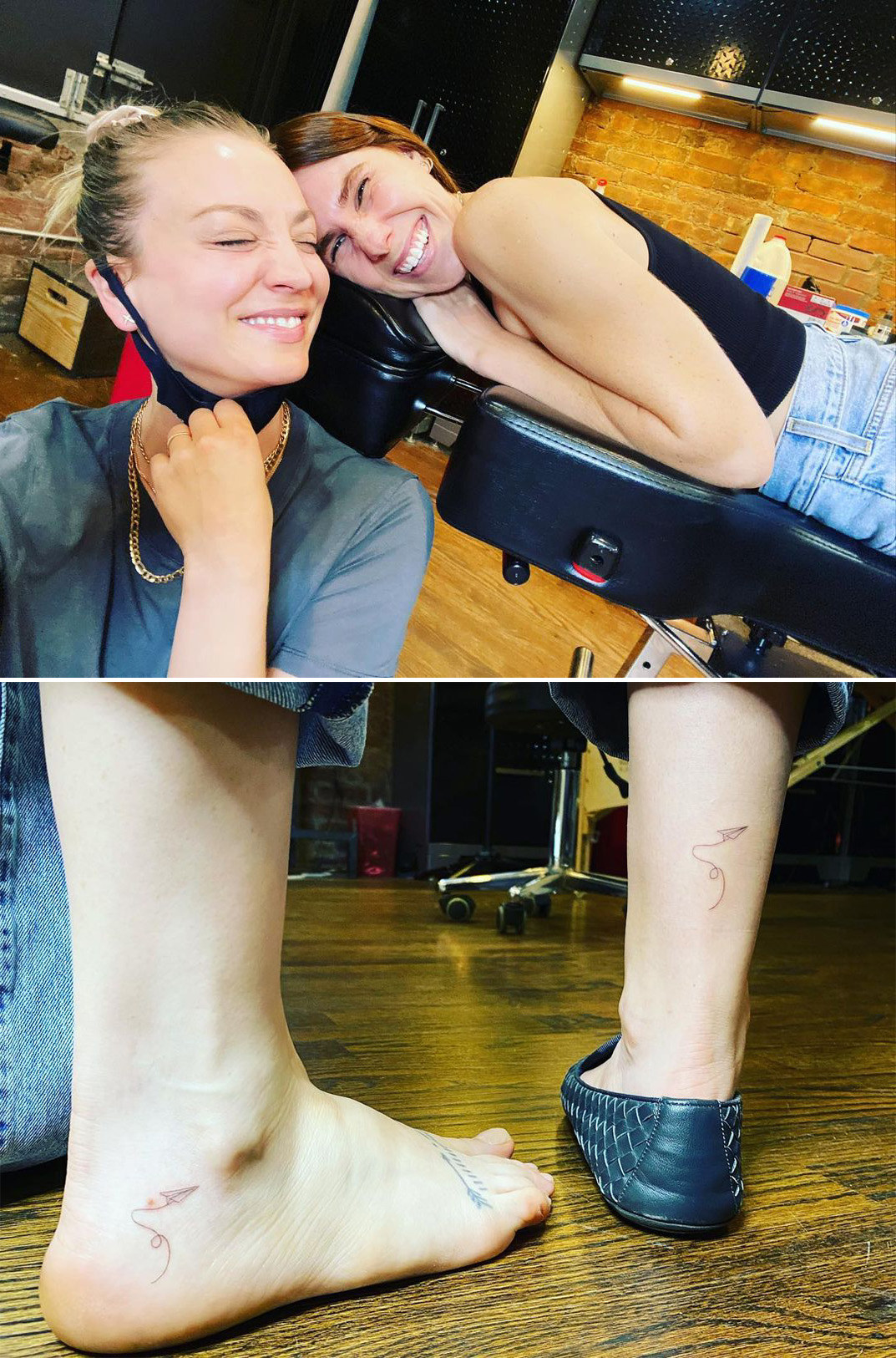 Kaley and Zosia smiling while Zodia gets a tattoo, and then close-ups of the paper airplane tattoos on their ankles