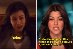 Kim Kardashian crying and Kourtney Kardashian laughing