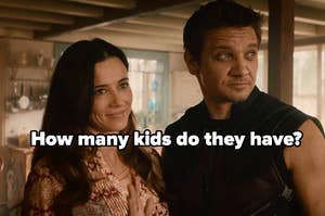 Linda Cardellini as Laura Barton and Jeremy Renner as Clint Barton in the movie "Avengers: Age of Ultron."