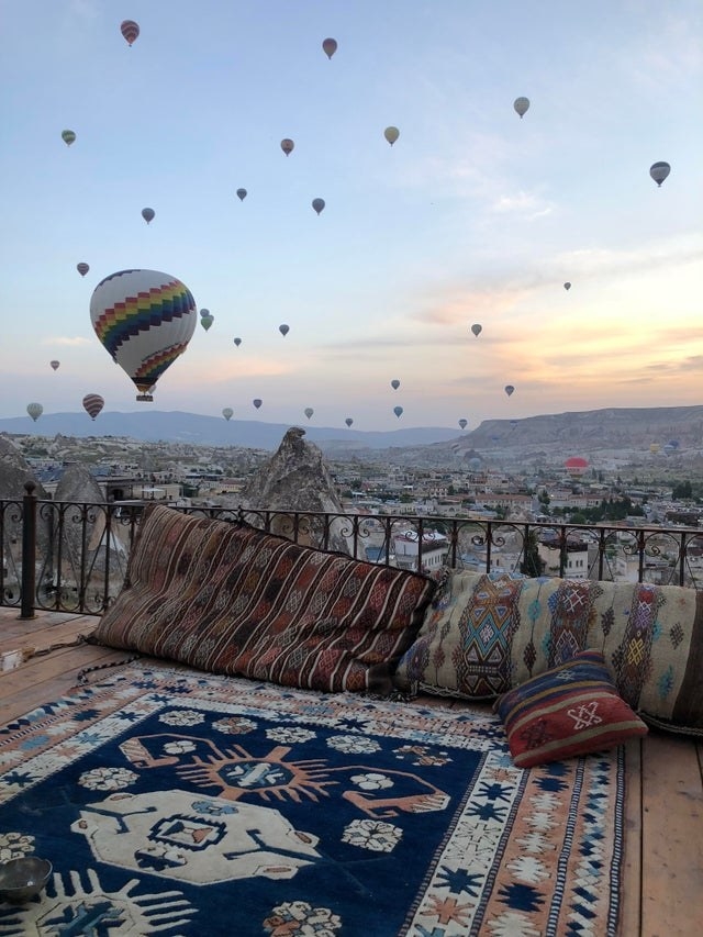 Hot-air balloons flying at sunrise in Cappadocia, Turkey