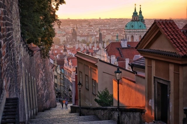 An empty view of Prague with its colorful rooftops