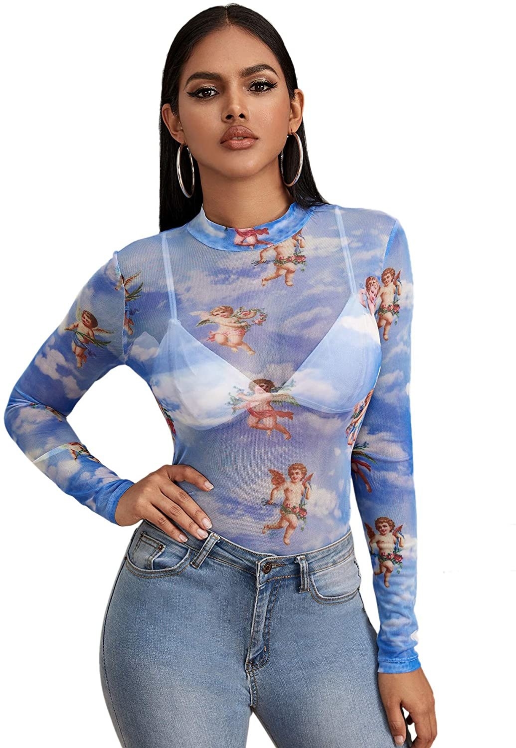 a model wearing the blue angel print mesh top