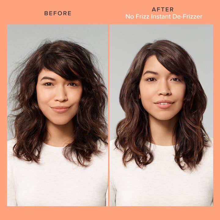 Model showing before-and-after results of using Living Proof Instant De-Frizzer