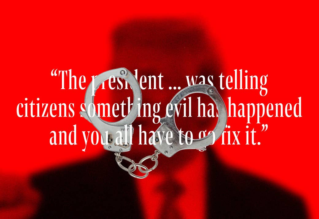 Text that reads "The president ... was telling citizens something evil has happened and you all have to go fix it" intertwined with handcuffs