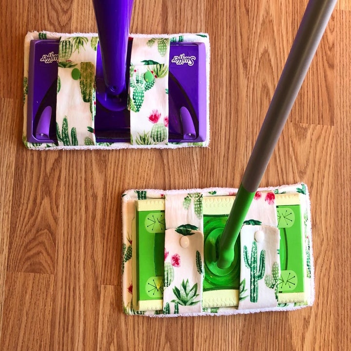 Two reusable mop pads placed on Swiffers