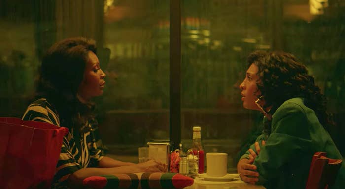Mj Rodriguez and Dominique Jackson as Blanca Evangelista and Elektra Abundance talking at a diner
