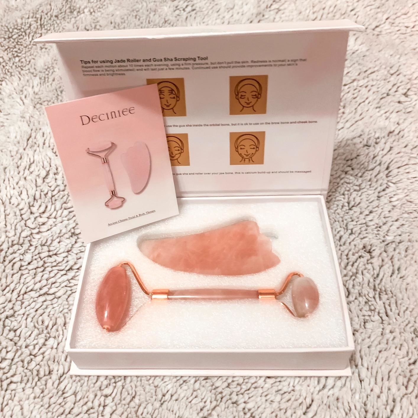 Reviewer photo of jade roller and gua sha set in box