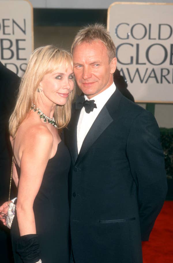 Trudie Styler and Sting embracing at the Golden Globe Awards