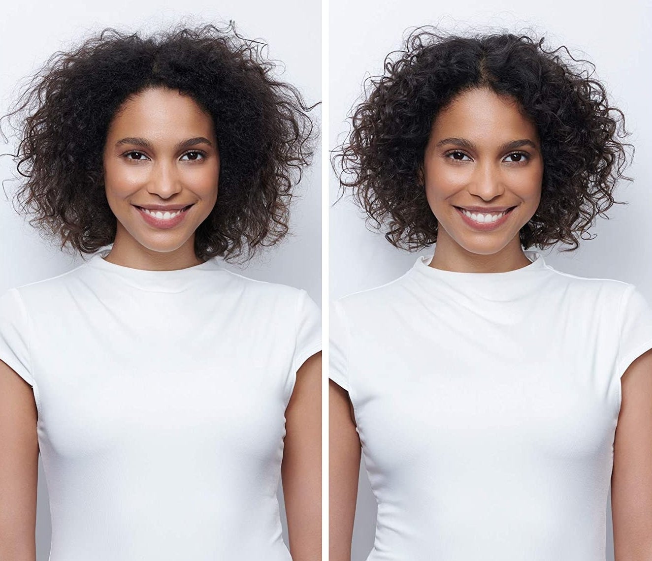 A model before and after using the product, with their curls looking more styled and defined