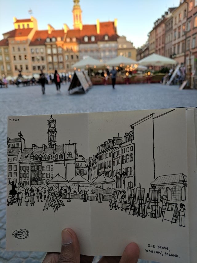 A drawing of  Warsaw Old Town