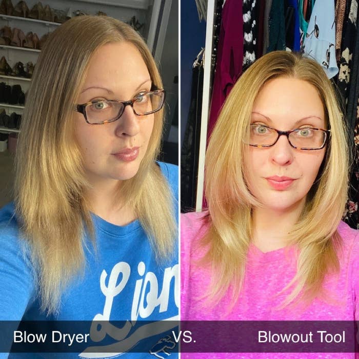 A reviewer using a blow dryer vs using this product, showing how with this product their hair is way less frizzy