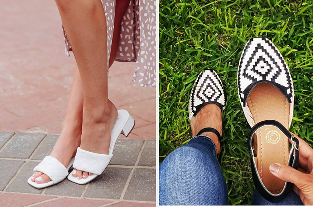 (left) White woven heeled slides (right) Black and white diamond flats with ankle strap