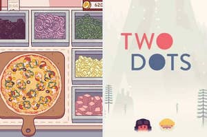 game screenshots of pizza and "two dots" 