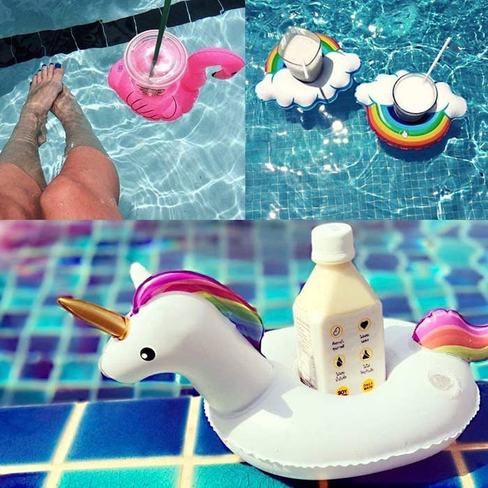 different photos of the floaties in a pool with various drinks in them