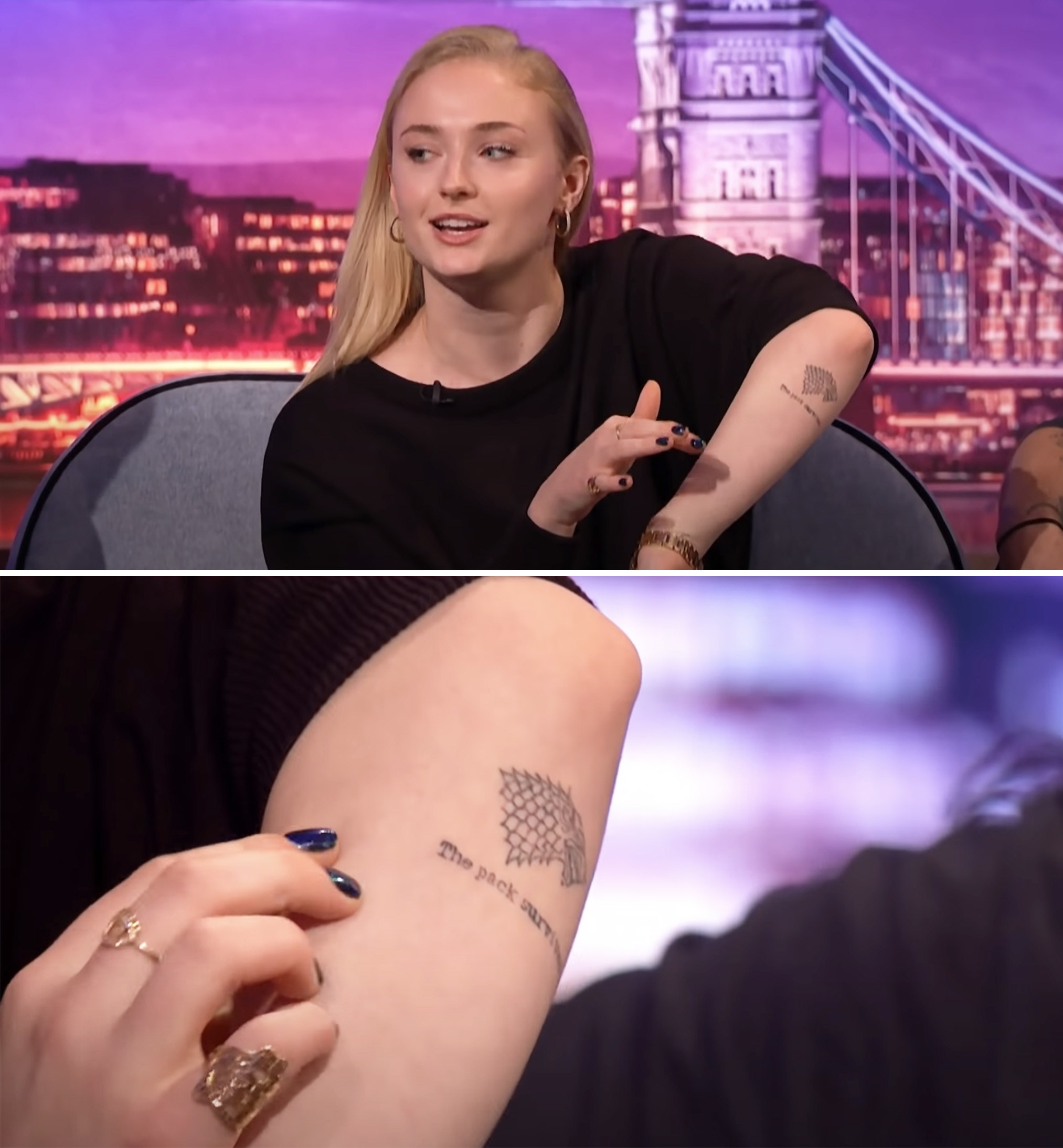 Sophie showing off her direwolf tattoo