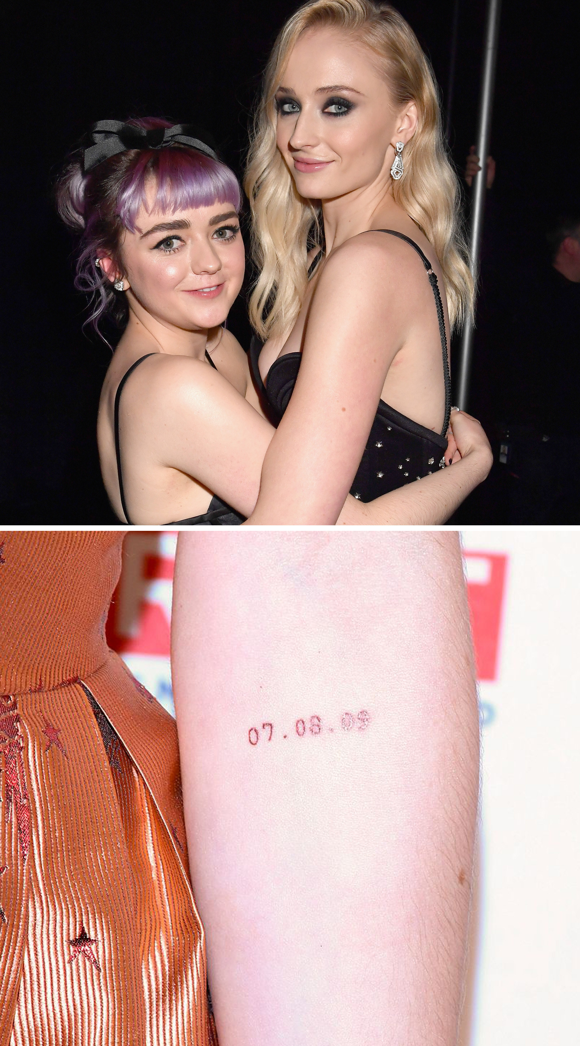 Sophie and Maisie hugging and a close-up of Maisie&#x27;s tattoo that says, &quot;07. 08. 09&quot;