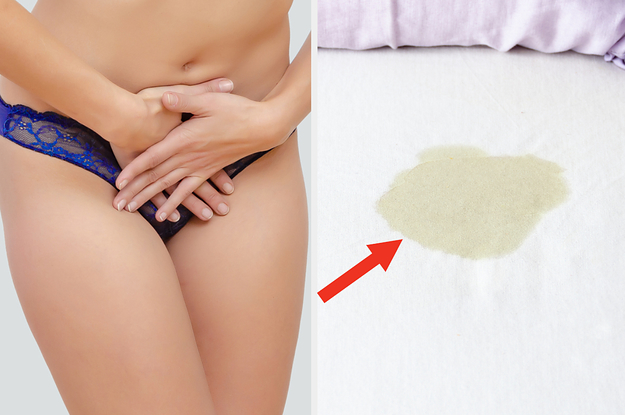 A girl holding her bladder and a wet spot on the bed