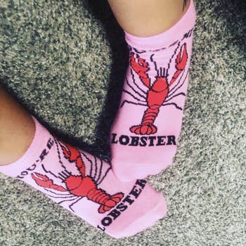 reviewer wearing pink socks with red lobster design 