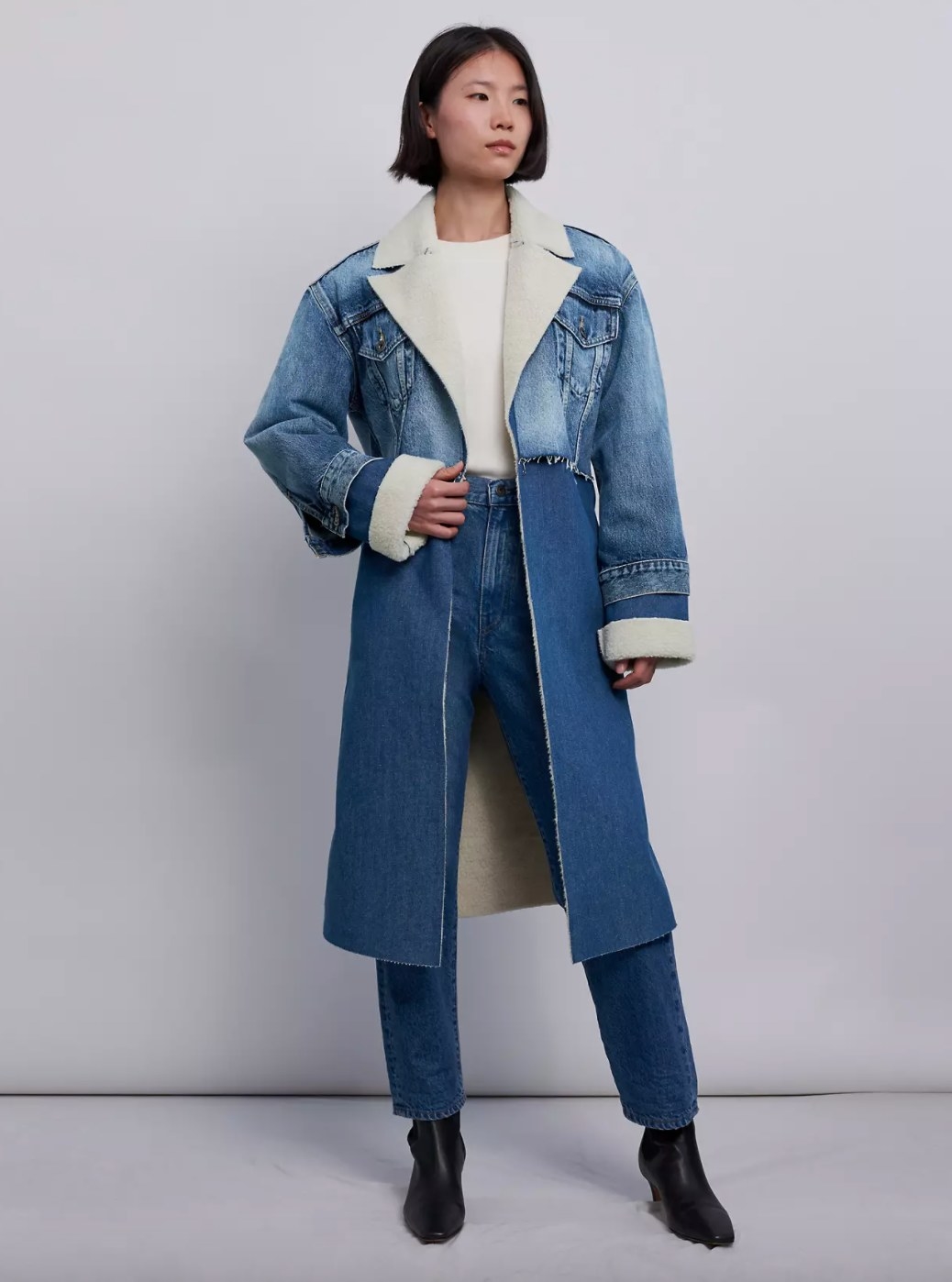 The long arctic overcoat in denim and sherpa