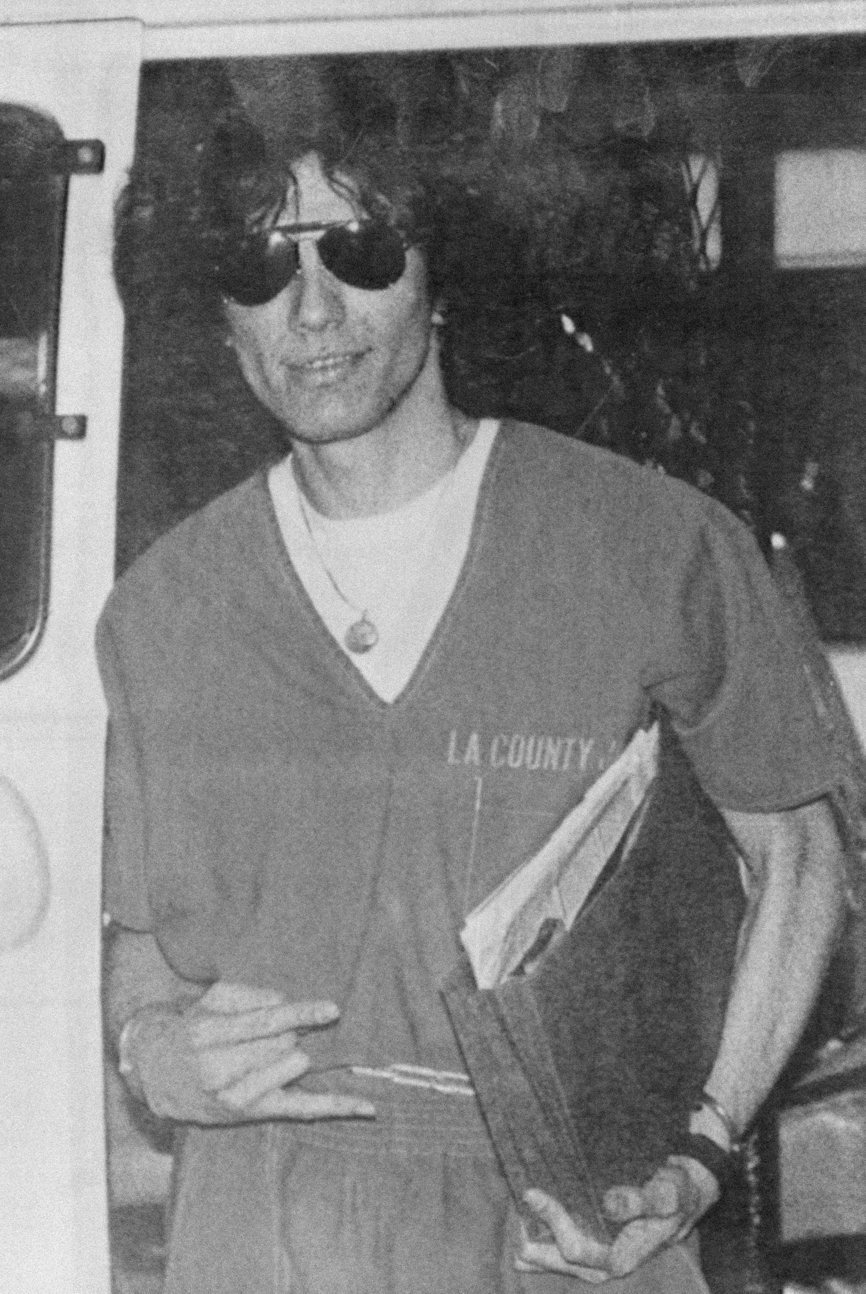 Black-and-white photo of Richard Ramirez in LA County jail